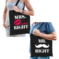 Bruiloft cadeau Mr Right en Mrs always Right tasje voor volwassenen - thumbnail