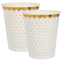 Feest wegwerp bekertjes - stippen - 20x stuks - 270 ml - wit/goud - karton