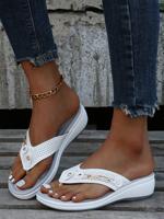 Metal Rhinestone Slope Heel Flip-Flops