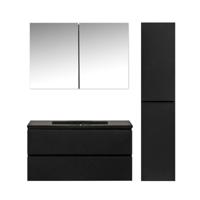Badkamermeubel Set Callisto Diamond Hangend 100x50x48cm Mat Zwart MDF Softclose Greeploos Kwartsteen Wastafel 1 Kraangat Overloop met Spiegelkast en Badkamerkast