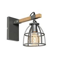 QAZQA - Industrieel | Industrie wandlamp donkergrijs met hout verstelbaar - Arthur | Woonkamer | Slaapkamer | Keuken - Hout Rechthoekig - E27 Geschikt voor LED - Max. 1 x 40 Watt