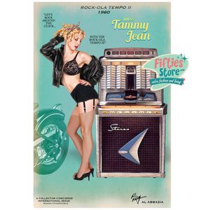 Rock-Ola Tempo II Jukebox Pin-Up Miss Tammy Jean Zwaar Metalen Bord 44,5 x 29 cm