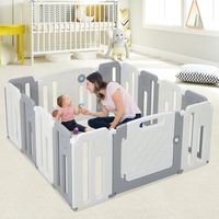 Opvouwbare Box Babybox met Deur en Speelpaneel en Veiligheidsslot voor Kinderen van 6-36 Maanden Beige (12+2 Panelen) - thumbnail