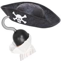 Carnaval verkleed hoed voor een Piraat incl. piratenhaak - zwart - polyester - kinderen - thumbnail