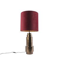 QAZQA - Art Deco Art deco tafellamp brons velours kap rood met goud 50cm - Bruut | Woonkamer | Slaapkamer - Staal Cilinder |Langwerpig - E27 Geschikt voor LED - Max. 1 x 40 Watt
