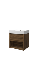 Proline polystone Loft wastafelonderkast met lade en open schap en polystone wastafel zonder kraangat 60 x 62 x 46 cm, cabana oak / mat wit