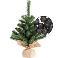 Mini kerstboom groen - met verlichting bollen zwart - H45 cm - thumbnail