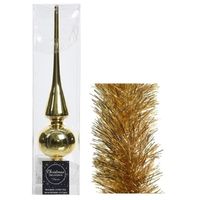 Kerstversiering glazen piek glans 26 cm en folieslingers pakket goud van 3x stuks