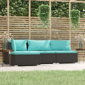 4-delige Loungeset met turquoise kussens poly rattan zwart