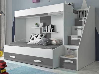 Stapelbed PAREO 90x200 cm wit/hoogglans grijs met trap aan de rechterzijde