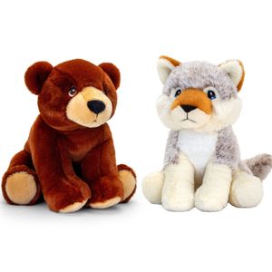 Pluche knuffels combi-set dieren wolf en bruine beer 25 cm