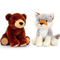 Pluche knuffels combi-set dieren wolf en bruine beer 25 cm - thumbnail