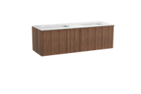 Balmani Forma zwevend badmeubel 150 x 55 cm amerikaans notenhout met Tablo Arcato dubbele wastafel in solid surface mat wit, Verticale asymmetrische ronde ribbel