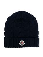 Moncler Enfant bonnet en maille à patch logo - Bleu - thumbnail