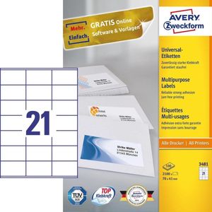 Avery-Zweckform 3481 Universele etiketten 70 x 41 mm Papier Wit 2100 stuk(s) Permanent hechtend Inkjet, Laser (zwart/wit), Laser (kleur), Kopiëren (zwart/wit),