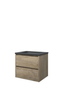 Proline hardsteen Elegant wastafelonderkast met 2 asymmetrische lades en hardstenen wastafel 1 kraangat 60 x 54,5 x 46 cm, raw oak