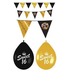 Sweet 16 feestversiering pakket zwart en goud