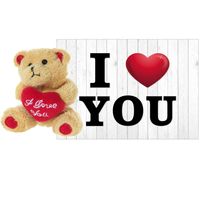 Pluche knuffel Valentijn I Love You beertje 10 cm met hartjes wenskaart