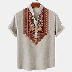 Etnisch Vintage Casual Voor heren linnen overhemd Henley-shirt Korte mouw Dagelijks gebruik Vakantie Zomer Lente Mandarijn Kraag Band Kraag nappi 3D-afdrukken Medium Groen Khaki Grijs 20% linnen Lightinthebox