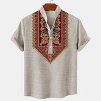 Etnisch Vintage Casual Voor heren linnen overhemd Henley-shirt Korte mouw Dagelijks gebruik Vakantie Zomer Lente Mandarijn Kraag Band Kraag nappi 3D-afdrukken Medium Groen Khaki Grijs 20% linnen Lightinthebox - thumbnail