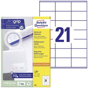 Avery-Zweckform 3481 Universele etiketten 70 x 41 mm Papier Wit 2100 stuk(s) Permanent hechtend Inkjet, Laser (zwart/wit), Laser (kleur), Kopiëren (zwart/wit),