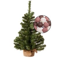 Mini kunst kerstboom groen - met lichtslinger bollen mix rood - H60 cm - thumbnail