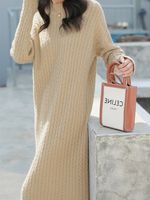 Yarn/Wool Yarn Crew Neck Casual Sweater Dress With No