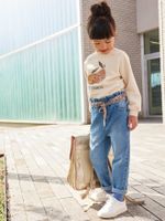 Paperbag jeans met bloemenriem voor meisjes stone