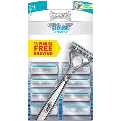 Wilkinson Quattro Titanium Sensitive Scheersysteem incl 9 Mesjes Wilkinson Quattro Titanium Sensitive Scheersysteem incl 9 Mesjes