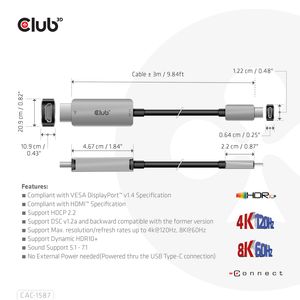 CLUB3D USB Gen2 Type-C to HDMI 4K120Hz 8K60Hz HDR10 with DSC1.2 Active Cable M/M 3m