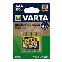 VARTA Recharge Accu Endless Energy AAA Micro Ni-Mh accu verpakking met 4 stuks 550 mAh - tot 3500 laadcyclussen, lage zelfontlading, voorgeladen en Ready2Use - herlaadbaar zonder memory-effect