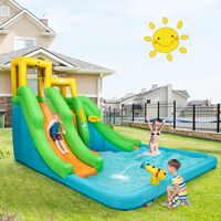 Springkasteel met Ventilator Waterpark met Twee Glijbanen Klimwand Basketbalmand Kinderbadje en Waterkanon 400 x 361 x 255 cm