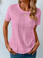 Loose Casual Crew Neck Solid Eyelet Embroidery Round Neck Tee - thumbnail