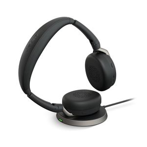 Jabra Evolve2 65 Flex Link380a UC + Ladepad On Ear headset Computer Bluetooth Stereo Zwart Noise Cancelling Headset, Microfoon uitschakelbaar (mute),