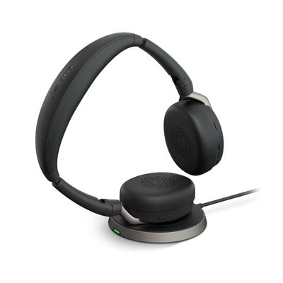 Jabra Evolve2 65 Flex Link380a MS + Ladepad On Ear headset Computer Bluetooth Stereo Zwart Noise Cancelling Headset, Microfoon uitschakelbaar (mute),