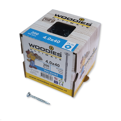 Woodies Spaanplaatschroef - platkop - verzinkt - T-20 - 4.0x40mm deeldraad (Per 200 stuks)