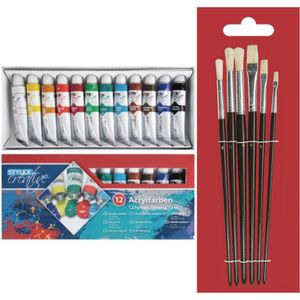 Toppoint set van 12 tubes acrylverf voor kinderen met 6 schilder penselen