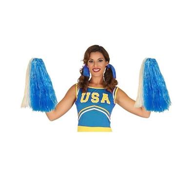 2x Stuks cheerball/pompom - blauw/wit - met ringgreep - 33 cm - Cheerleader verkleed accessoires 2x Stuks cheerball/pompom - blauw/wit - met ringgreep - 33 cm - Cheerleader verkleed accessoires