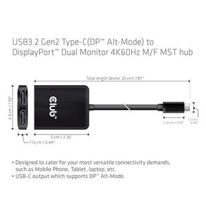 Club 3D USB 3.2 Gen2 type-C (DP Alt-Mode) naar DisplayPort Dual Monitor 4K60Hz M/F MST Hub displayport splitter