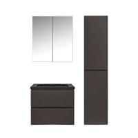Badkamermeubel Set Callisto Diamond Hangend 60x50x48cm Mat Grijs Softclose Greeploos Kwartsteen Wastafel Zonder Kraangat Overloop met Spiegelkast en Badkamerkast