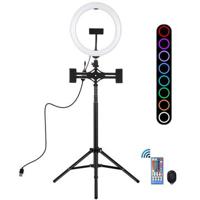 PULUZ 10.2 26cm RGBW Licht + 1.65m Statiefbevestiging + Dubbele Telefoonbeugel Gebogen Oppervlak USB RGBW Dimbare LED Ring Vlogging Video Licht Live Broadcast Kit