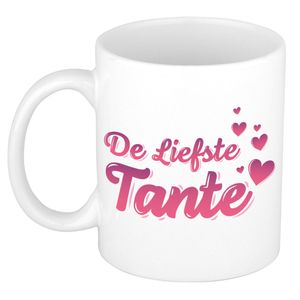 De liefste tante kado mok / beker wit met roze hartjes - verjaardagscadeau