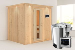 Karibu | Daria Sauna met Dakkraag | Energiesparende Deur | Biokachel 3,6 kW Externe Bediening