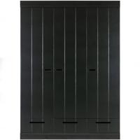 WOOOD Connect Kledingkast Garderobekast 3 Deurs met Lades - Strokendeur - Grenen - Zwart - 195x140x53 cm