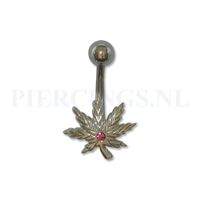 Navelpiercing wietblad met roze zirkonia - thumbnail