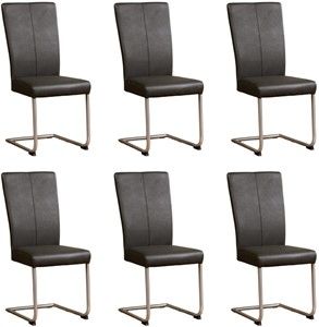 Set van 6 Donkergrijze leren industriële eetkamerstoelen Dry - poot rond rvs - Hermes Leer Antracite (donkergrijs leer)