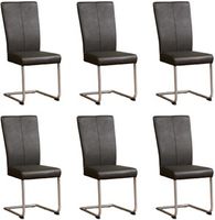 Set van 6 Donkergrijze leren industriële eetkamerstoelen Dry - poot rond rvs - Hermes Leer Antracite (donkergrijs leer) - thumbnail