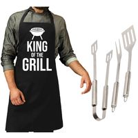 Barbecue/bbq gereedschap 3-delige set 33 cm van RVS met zwart schort King of the grill - thumbnail