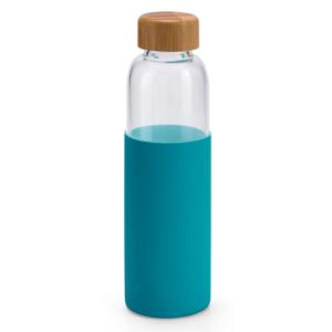 Glazen waterfles/drinkfles - turquoise blauw siliconen beschermhoes - 600 ml - Sportfles - Bidon