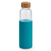 Glazen waterfles/drinkfles - turquoise blauw siliconen beschermhoes - 600 ml - Sportfles - Bidon - thumbnail